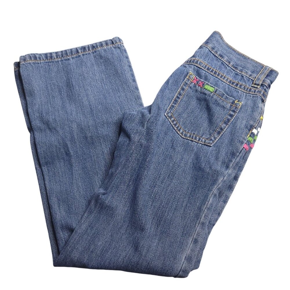 Gymboree Girls Bootcut Blue Jeans 12 Adjustable Waist Embroidered Rainbow